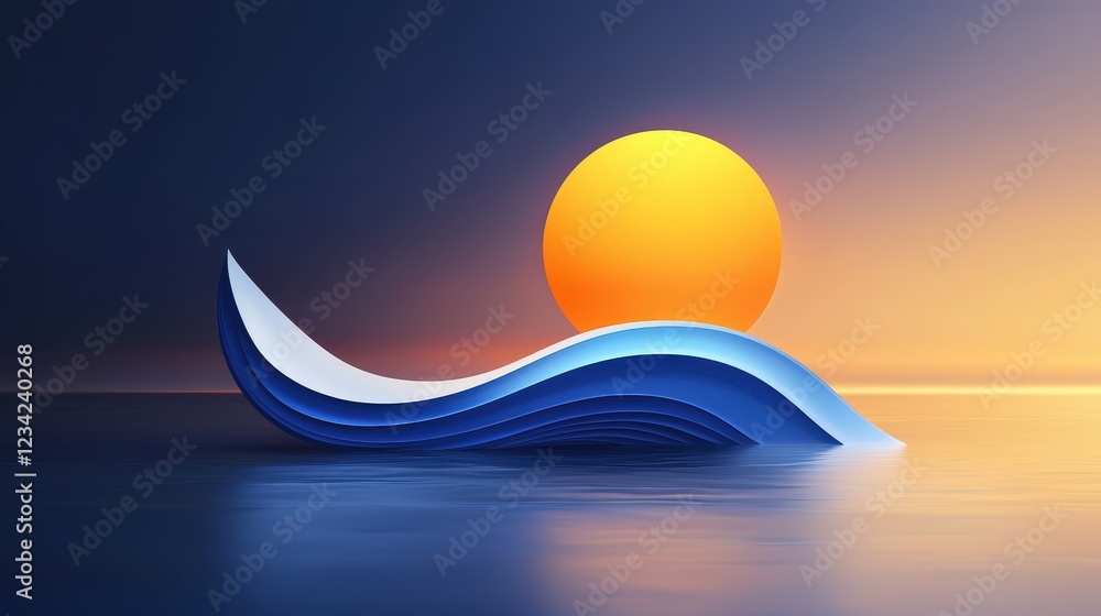 Poster a sleek ocean-inspired design icon with smooth, flowing lines representing waves and a minimalist su