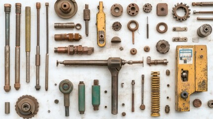 Metalworking tools arranged on a white background in a factory workspace, showcasing industry-grade precision instruments and machinery parts