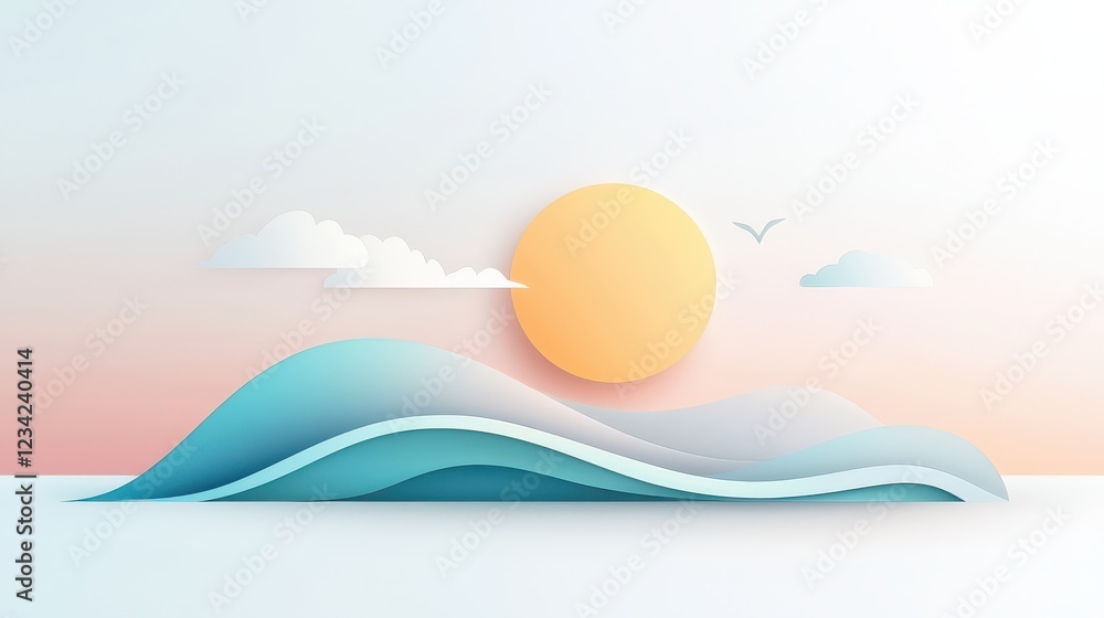 Poster a sleek seaside vector icon with minimalistic waves and a soft sun on the horizon, designed with cle