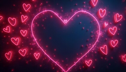 Neon hearts glow in the night against a dark background, an abstract holiday backdrop for Valentine's Day celebrations
