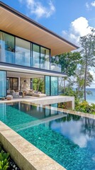 Fototapeta premium Infinity pool overlooking tropical ocean at luxurious modern villa