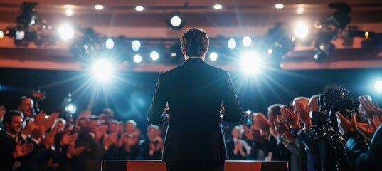 Back view of a speaker giving a talk at a business conference. Audience clapping in large conference hall