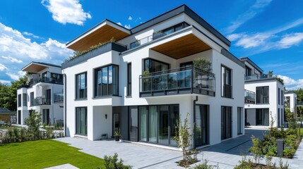 Modern real estate development with a row of stylish townhouses under a blue sky