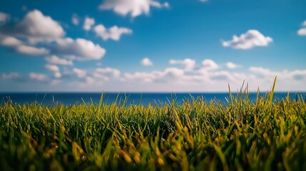 Dewy Grass by the Ocean Under a Blue Sky