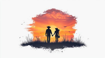 Fototapeta premium A striking flat vector silhouette of a cowboy and cowgirl holding hands, evoking the spirit of partnership and adventure in the wild west