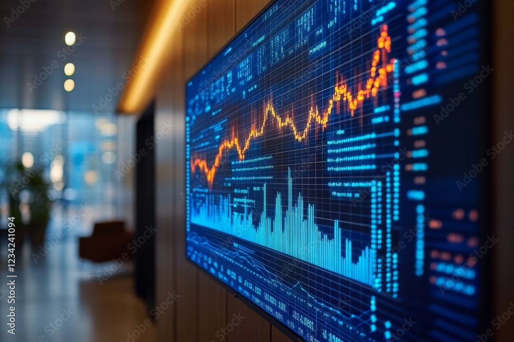 Poster Visual representation of stock market data displayed on a digital screen in a modern office setting