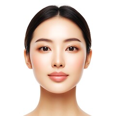 Obraz premium A close-up portrait of a woman with smooth skin, natural makeup, and a serene expression, set against a white background.