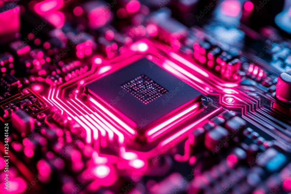 Poster Close-up view of a microprocessor illuminated in vibrant pink on a circuit board showcasing advanced technology