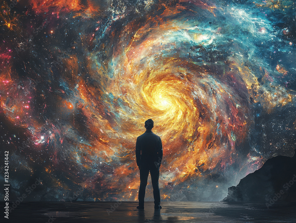 Poster cosmic exploration by a scientist amid swirling dark matter patterns in an infinite universe