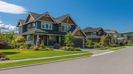Naklejka premium Residential houses in a suburban neighborhood with manicured lawns and driveways