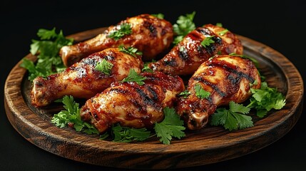Spicy Barbecue Chicken legs on a wooden plate with coriander leaves, against a black background.