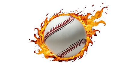 Fiery baseball engulfed in flames, dynamic sports graphic. Ideal for websites, posters, or marketing campaigns.