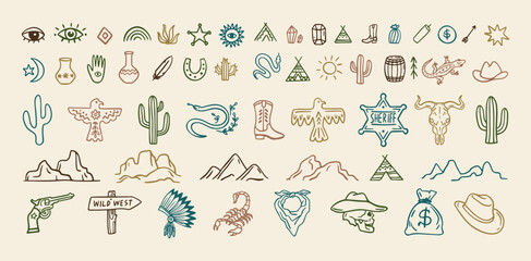 Wild west cowboy doodle icon set. Hand drawn boho signs collection. Aztec southwestern elements set.
