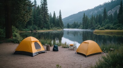 Cozy Yellow Tents by Serene Lake Surrounded by Lush Green Forest at Dawn