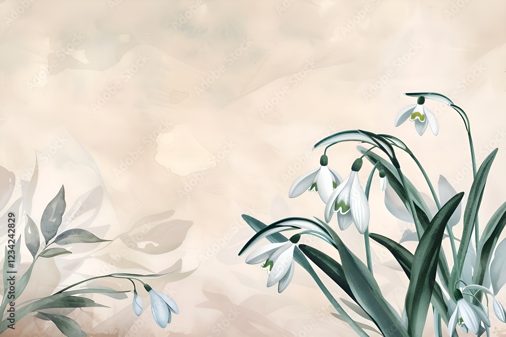 Poster on the right is a botanical watercolor illustration with snowdrops with white flowers and green leav