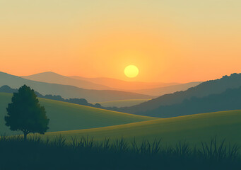 Obraz premium sunrise illuminates serene peaceful rural scene rolling hills open