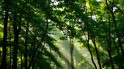 Obraz premium green forest with soft sunlight filtering through the canopy | generative AI