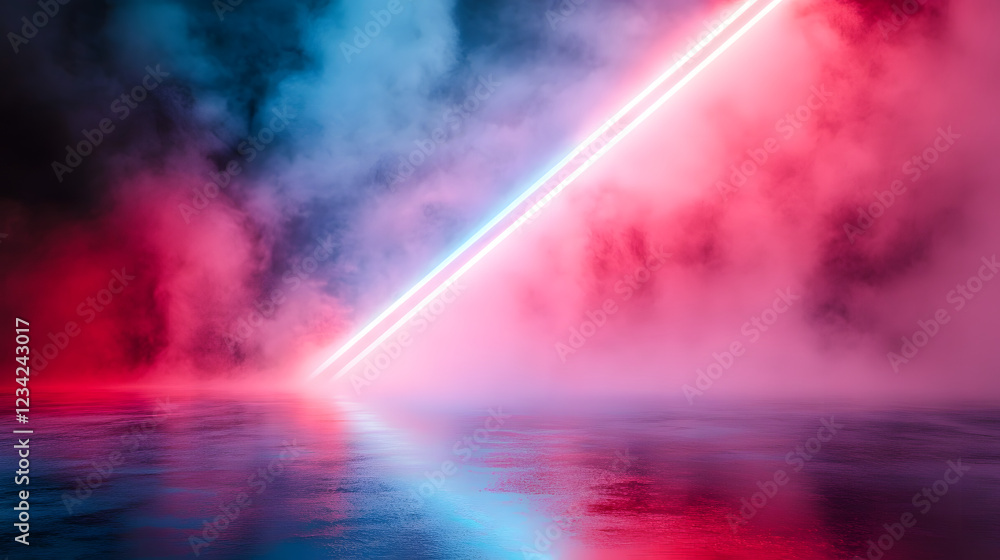 Aufkleber a vibrant scene displaying a diagonal neon light beam dividing a misty red and blue abstract backgro
