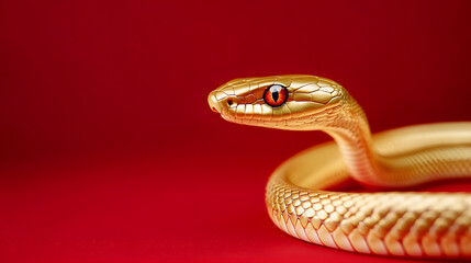 Obraz premium Long delicate golden snake on a red simple background, Generative AI