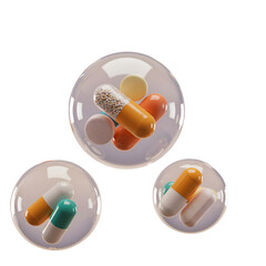 Various pills and capsules suspended inside transparent, reflective bubbles floating in the air