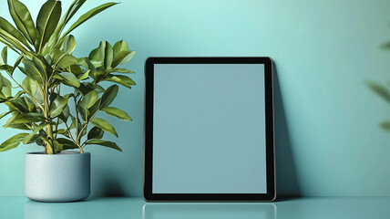 Modern Tablet Mockup Blank Screen Plant Teal Background