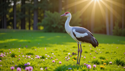 Fototapeta premium Elegant grey crane standing on one leg in a vibrant meadow during golden hour