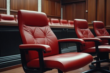 Obraz premium Elegant Red Chairs in a Modern Courtroom Setting with Wooden Paneling and Soft Lighting