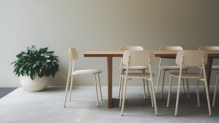 A minimalist dining area with a modern table and minimalist chairs