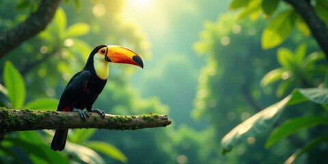 Fototapeta premium A Vibrant Toucan Perched on a Mossy Branch in a Lush, Verdant Rainforest Setting at Sunrise