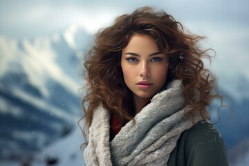 Portrait of a fashionable young woman wearing warm winter clothes posing in a snowy mountain landscape