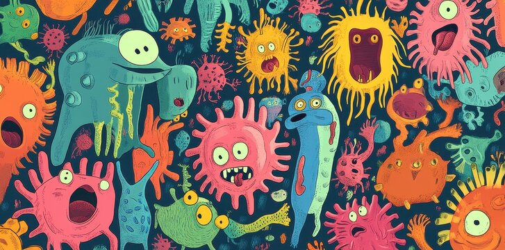 Colorful Cartoon Microbes Displaying Diverse Expressions