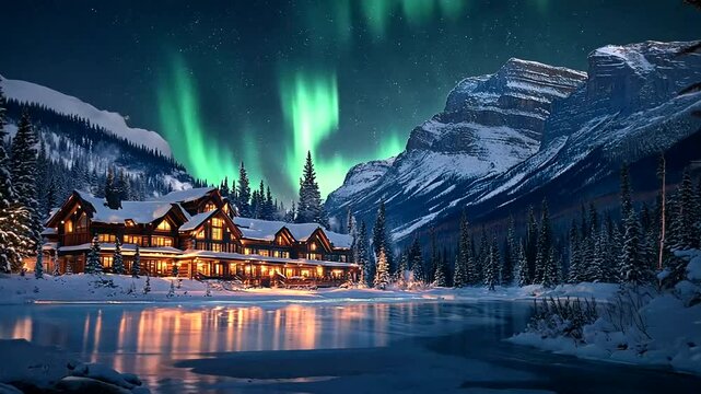 Mountain lodge aurora borealis winter nightscape. Travel brochure, website header