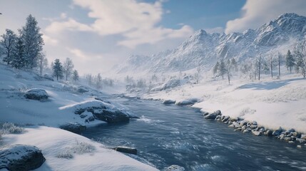 Winter River Landscape with Snow Covered Mountains and Trees and flowing water creating an icy scene
