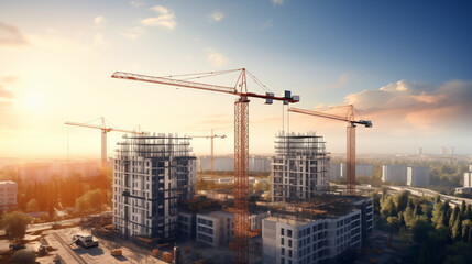 High-Rise Building Under Construction with Crane Machinery and Cityscape