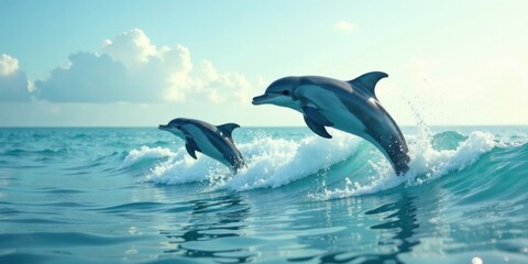 Oceanic Dolphins Leap Gracefully Over Sparkling Waves in a Vivid Marine Display