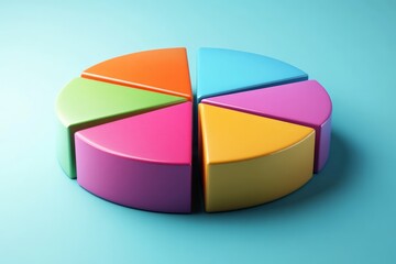 Obraz premium Colorful segmented pie chart made of plastic pieces on a bright blue background illustrating data visualization concept