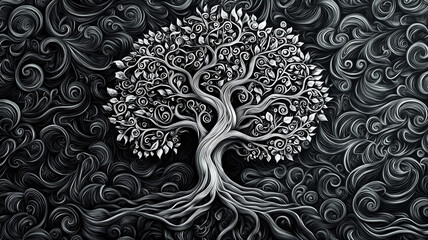 Ornate Silver Tree of Life on Swirling Black Background Abstract Nature Art