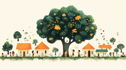 Fototapeta premium Minimalist illustration of a tree and houses in a village