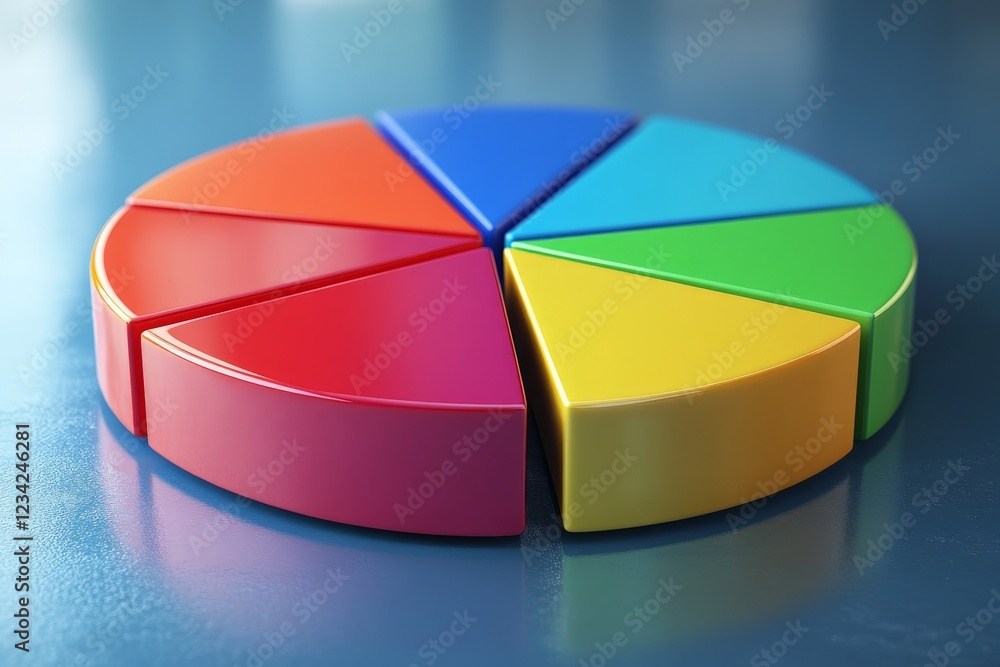 Poster colorful pie chart educational tool displayed on a blue surface illustrating fractions and division 