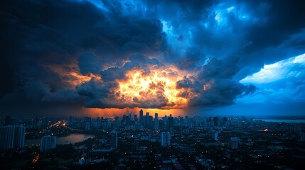 Dramatic Night Cityscape Under a Stormy Sky