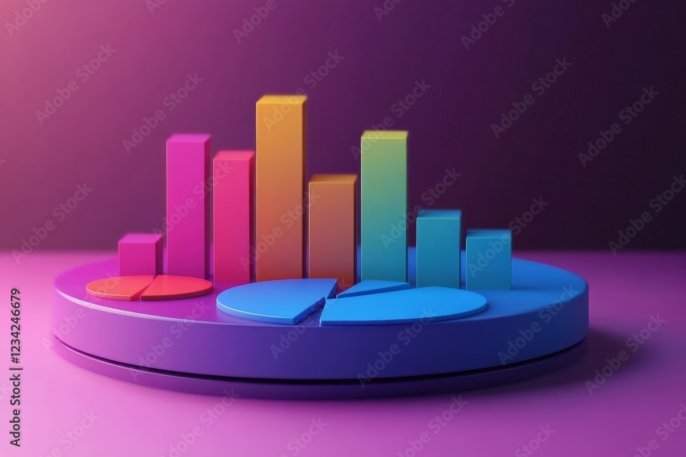 Poster Colorful 3D bar and pie charts display data analysis in a modern digital environment