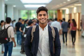 Portrait of a smiling indian student standing in a university hallway with backpack