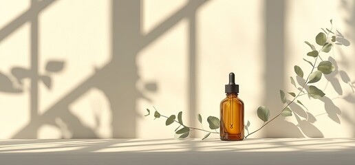 An amber glass bottle with a dropper and a eucalyptus leaf on a beige background with the shadows of window frames,