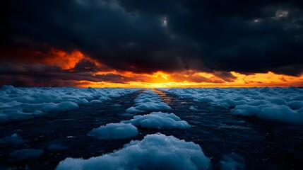 Fototapeta premium Dramatic Ocean Sunset with Dark Clouds and Ice