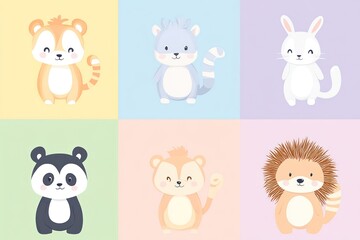 Obraz premium Adorable cartoon animals; pastel background; children's book illustration