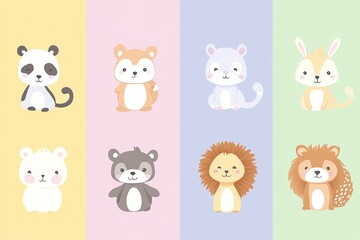 Naklejka premium Adorable cartoon animals, pastel background, children's illustration, kids' book