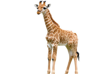 Fototapeta premium A baby giraffe with a soft coat of brown spots, standing tall and gazing around. Transparent background