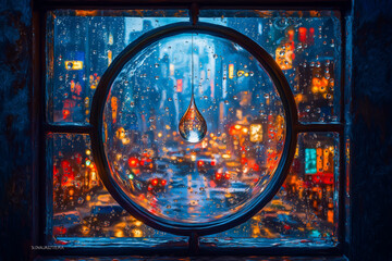 Rainy Night Cityscape Viewed Through a Circular Windowpane