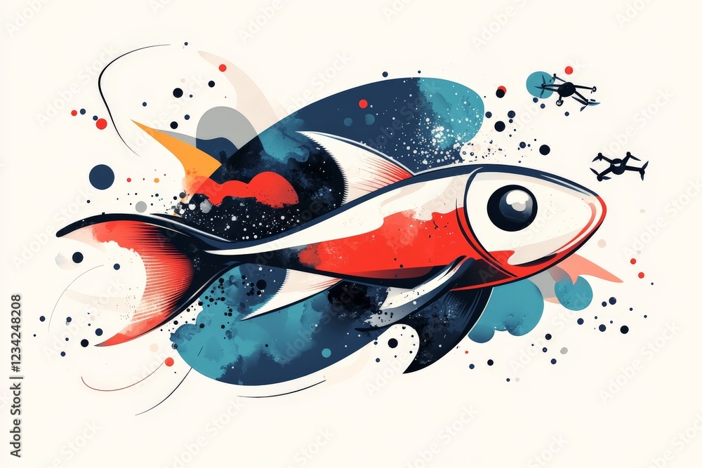 Poster colorful abstract fish surrounded by dynamic splashes and stylized elements in a modern artistic com