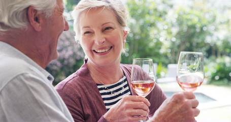 Smile, toast and senior couple with wine, brunch and celebrate holiday or vacation together. Love, alcohol and retirement for man, woman and happy people bonding at lunch with beverage cheers